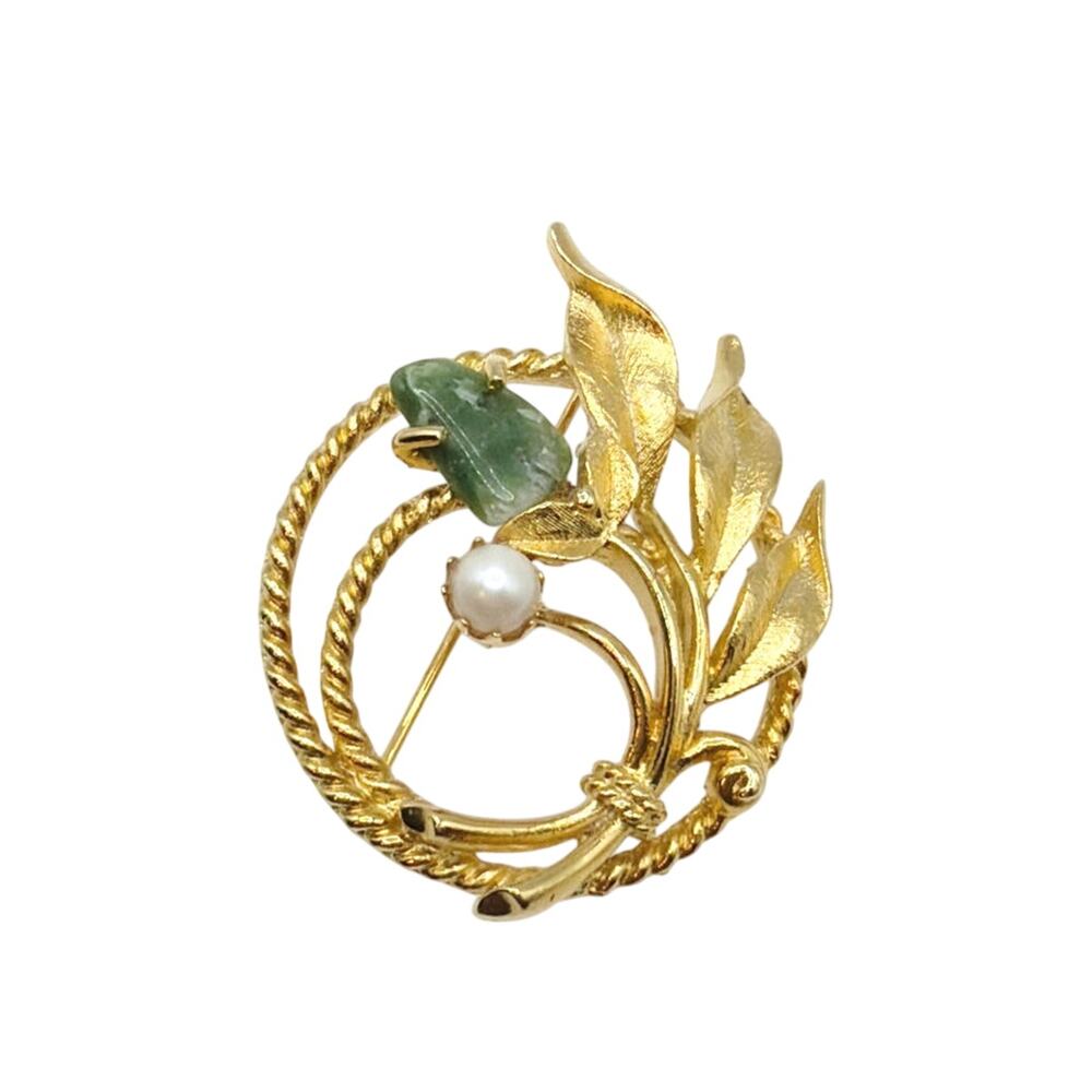 Sarah Coventry Floral Brooch with Green Jade Stone 1.5”